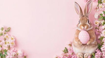 Obraz premium Springtime Bunny and Easter Egg: A charming brown bunny holds a pastel pink Easter egg, nestled among delicate pink flowers, evoking the essence of springtime and the Easter season.