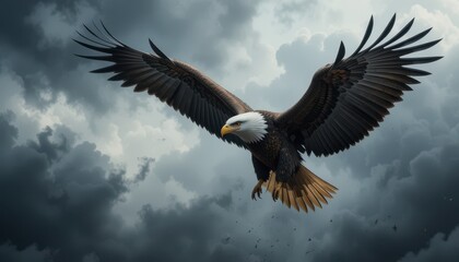 Obraz premium Majestic Eagle Soaring Through Dramatic Cloudy Sky in Flight
