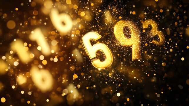 Golden numbers shimmer against a deep background, creating a luxurious and abstract scene.