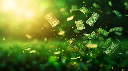 Falling dollar bills create vibrant scene of wealth and abundance, illuminated by warm, glowing light. background features lush green environment, enhancing feeling of prosperity