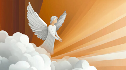Heavenly Angel Illustration with Glowing Light and Clouds