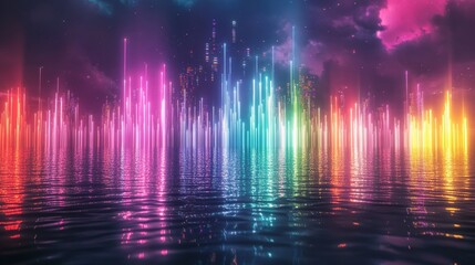 Neon lights shine with a vibrant glow, creating a dazzling display on the water's surface. This ethereal scene forms a mesmerizing backdrop, inviting you to step into a world of light and color.