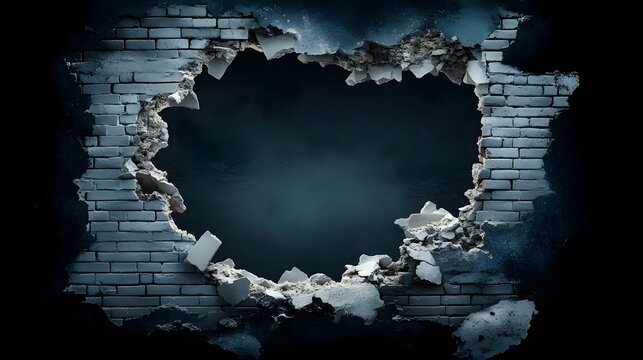 Fototapeta Broken White Brick Wall with Dark Center Hole and Textured Surface Background