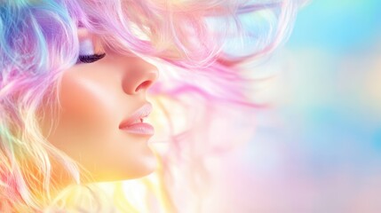 Naklejka premium Chromatic Dream: A portrait of a woman with dreamy expression, hair cascade of pastel colors, in a soft focus, bathed in a spectrum of hues, conveying a sense of fantasy and ethereal beauty. 