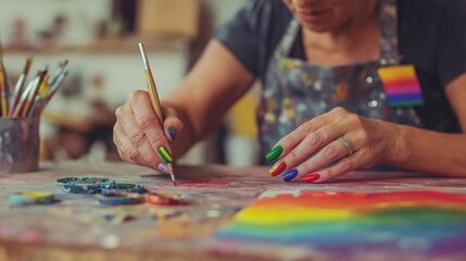 close-up of an older lesbian woman’s hands, adorned with vibrant rainbow nails, working on an artistic project at a wooden table covered in paint and brushes, illuminated by soft natural light