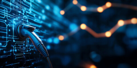 Electric vehicle charging station with power cable, glowing circuit design, modern technology, energy concept, futuristic background, digital interface