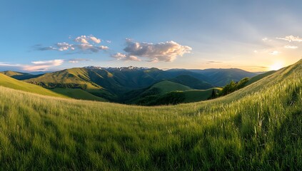 Fototapeta premium Majestic mountain peaks with lush green slopes under a bright blue sky dotted with fluffy white clouds, capturing the beauty and grandeur of nature in a serene alpine landscape