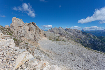 Spectacular view of the rocky crests and debris of the Latemar Massif, UNESCO world heritage site, Trentino-Alto Adige, Italy, Europe