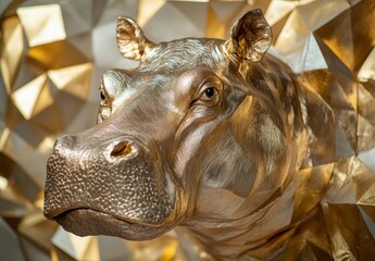Golden Hippo Statue with Geometric Background Design