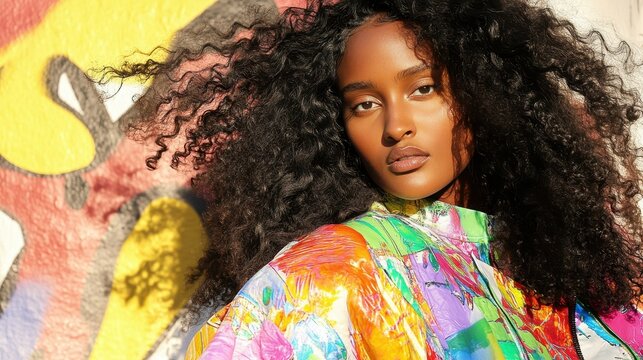 Radiant Portrait: A stunning woman with long, curly hair stands before a vibrant graffiti wall, her gaze captivating and expression confident, showcasing fashion and beauty. 