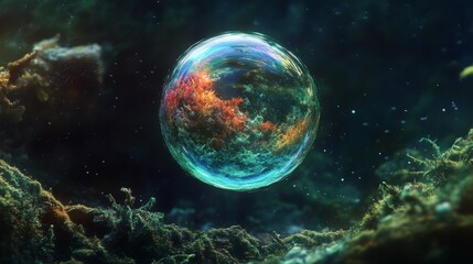 Fototapeta premium Shimmering, colorful bubble floating in darkness.