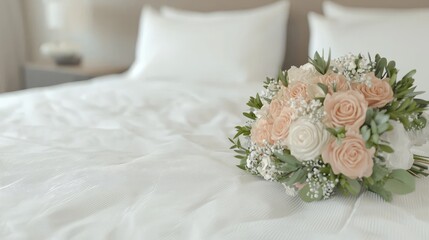 Fototapeta premium Peach & white rose wedding bouquet on bed