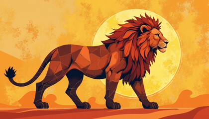 Fragmented lion spirit walking across abstract savannah, strength symbolism