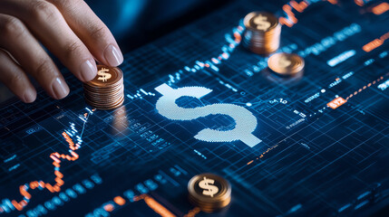 Naklejka premium Digital financial analysis with coins and dollar sign