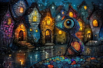 Fototapeta premium Majestic animal art displayed at the art station. Colorful Lizard by Houses with Warm Lights at Night