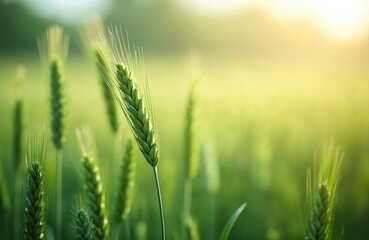 Fototapeta premium Ears of young green wheat grow in the field against blurry sky. Nature background in summer. Agriculture landscape for wallpaper and backdrop. Symbol of harvest and prosperity.