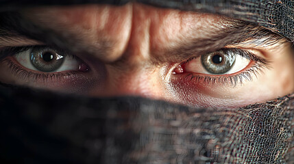 Close-up portrait of a man's intense eyes peering from beneath a dark cloth covering his face, set against a blurred, shadowy background, suitable for themes of mystery, suspense, or danger