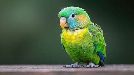 Green parrot perched on wood, blurred background
