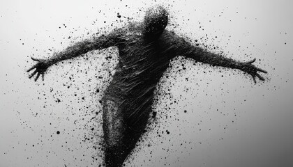 Abstract black and white figure composed of particles dissolving into dust in a realistic photo