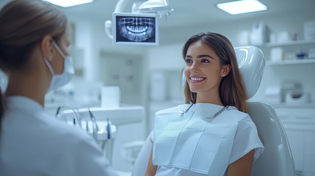Young Female Patient at the Dentist's Appointment, Doctor Demonstrating a Dental X-Ray (Dentistry, Health, Medical Care)