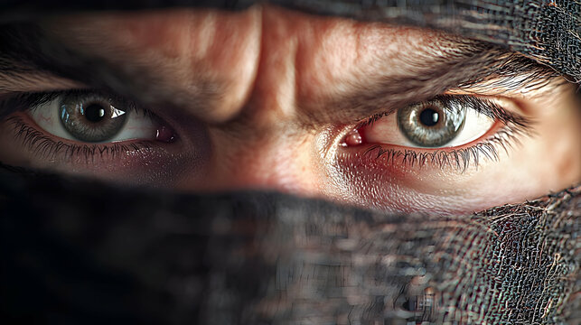 Close-up portrait of a man's intense eyes peering from beneath a dark cloth covering his face, set against a blurred, shadowy background, suitable for themes of mystery, suspense, or danger