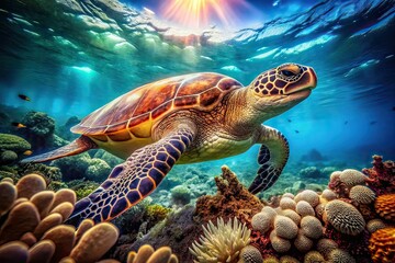 Obraz premium Underwater Turtle Coral Reef Vintage Photo