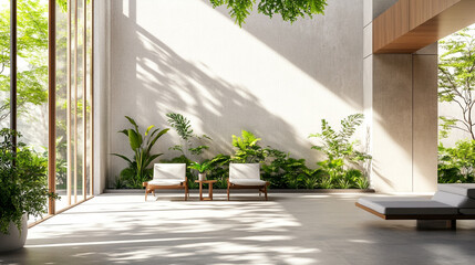 A bright, modern indoor space filled with lush greenery and natural light. Bright and airy indoor space with large windows showcasing a lush garden view in the morning light
