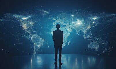 Businessman Utilizing Global Network Connectivity for Digital Marketing Strategy and IoT Internet of Things on Vibrant Digital Map