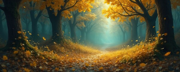 Fantasy forest with fallen golden autumn leaves on ground. Foggy mysterious woodland landscape with path between trees. AI generated dreamy, surreal fairy tale, glowing nature scenery. Magical
