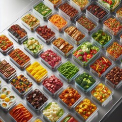 A high-angle, close-up shot shows numerous clear rectangular containers filled with various prepared foods, arranged in rows on a long, stainless steel surface.
