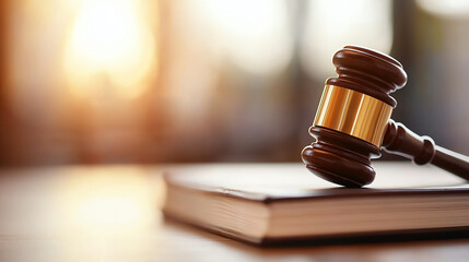 Obraz premium wooden gavel rests on closed book, symbolizing justice and law. warm sunlight creates serene atmosphere, enhancing importance of legal proceedings