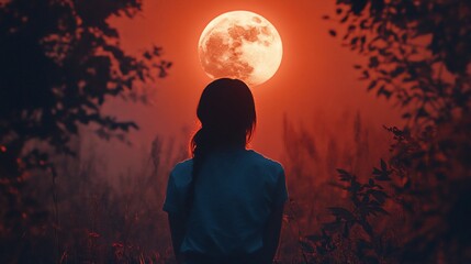 Obraz premium Woman silhouetted against a large red moon in a field at night.