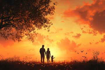 "Happy Family Bonding at Sunset – Parents with Their Little Baby"