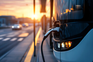 Electric bus charging at station during sunset, showcasing modern transportation technology and sustainability. warm glow of sunset enhances scene beauty and innovation