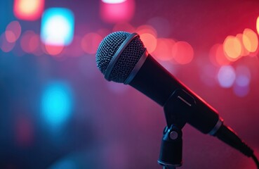 Microphone points on colorful bokeh background. Karaoke mic on stage for audio performance. Voice recording in studio, live show, broadcast event. Modern technology concept for presentation, music