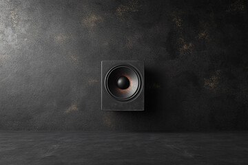 "3D Illustration of a Loudspeaker Against a Black Wall Background"