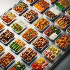 A high-angle, close-up shot shows numerous clear rectangular containers filled with various prepared foods, arranged in rows on a long, stainless steel surface.
