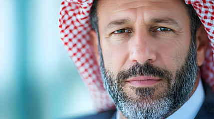 Close-up portrait of a serious Middle Eastern businessman in traditional attire, blurred office background, suitable for business profiles or articles on Middle Eastern leadership