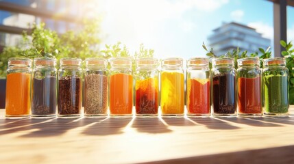 Health benefits of turmeric infographic on a wooden table with spice jars natural light top-down perspective informative content
