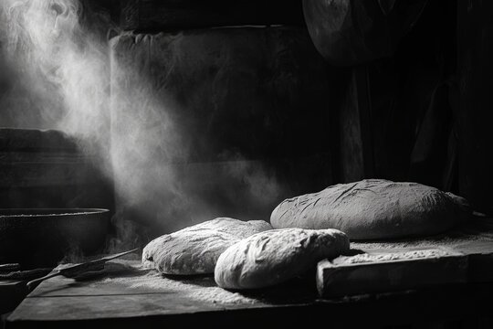 Black and white photography of traditional bread making highlighting textures and cinematic shadows