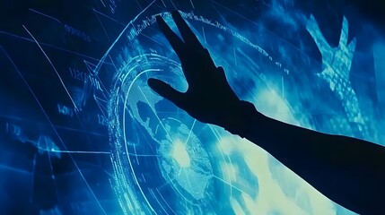 Silhouette of Hand Interacting with a Blue Digital Touchscreen Interface