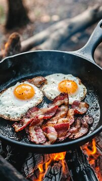 Cooking breakfast outdoors with eggs and bacon in a skillet over an open fire on a campsite