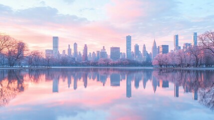 Obraz premium Serene Cityscape Reflection During Dawn in Urban Landscape