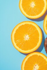 Fototapeta premium Bright orange slices arranged on vibrant blue background create