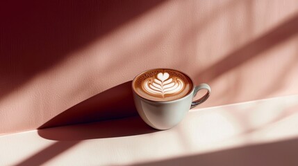 Minimalistic advertisement of a perfect cappuccino in a glass mug with clean background for branding