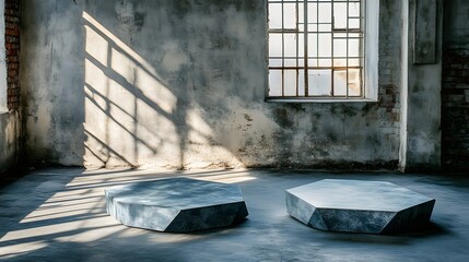 Two Stone Platforms in an Empty Industrial Room with Sunlight Streaming Through Window