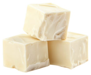 Three white chocolate fudge cubes stacked beverage dessert cheese.