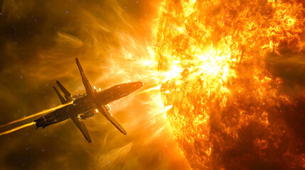 A spaceship flying through a solar storm, surrounded by intense radiation waves and glowing plasma ejections from the sun 