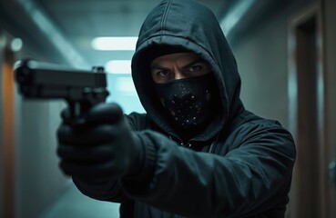 Front view of hooded attacker aiming gun. Theme of robbery or assault. Man in black mask, gloves holds handgun in corridor. Concept of crime, threat, violence, danger.