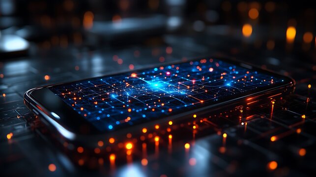 A phone showing a bright and interconnected digital network protecting user profiles with colorful nodes